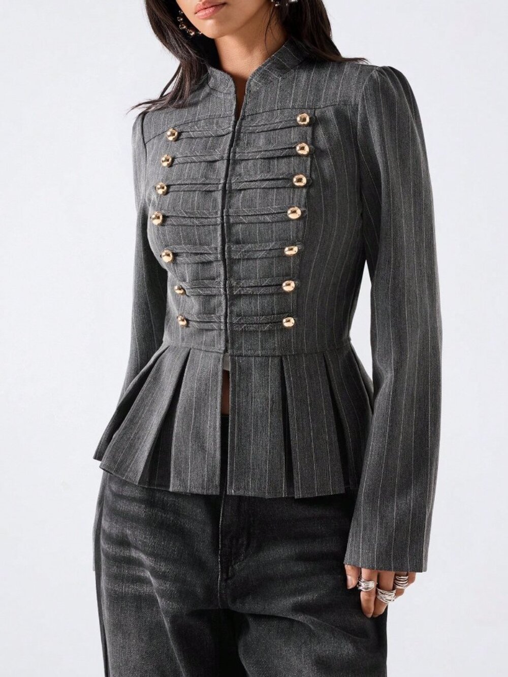 Grey Elegant Women's Striped Studded Pleated Casual Commute Blazer